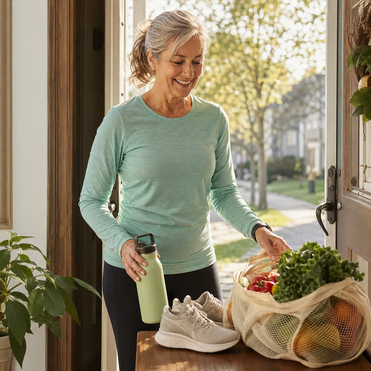 Woman returning from a walk with groceries